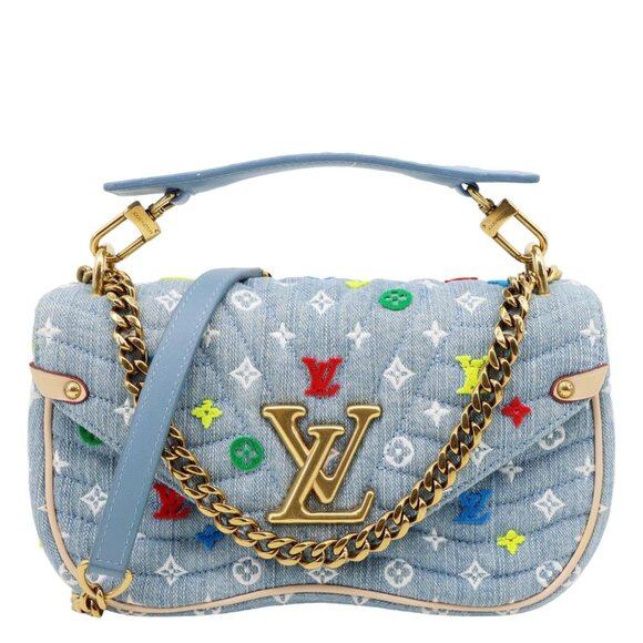 Louis Vuitton  New Wave Embroidered Monogram Denim Chain Shoulder Bag Blue - Picture 1 of 15